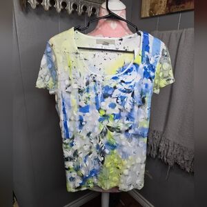 Laura Ashley Blue and Yellow Floral Short Sleeve Top